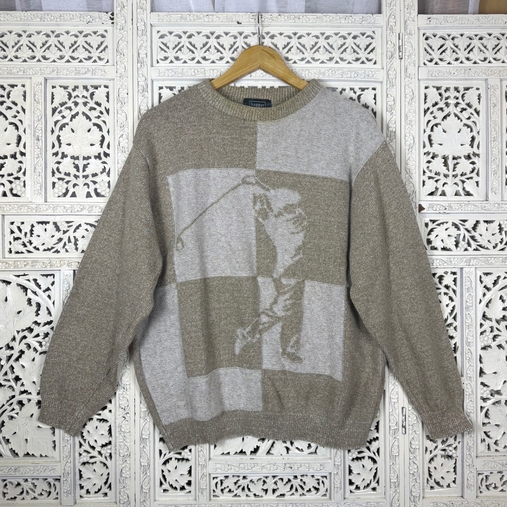 Vtg Haggar Colorblock Golf Grandpa‎ Sweater Sz L Neutral Casual Retro Grannycore